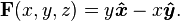 mathbf{F}(x,y,z)=yboldsymbol{hat{x}}-xboldsymbol{hat{y}}.