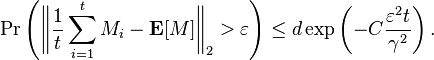 
\Pr \left( \bigg\Vert \frac{1}{t} \sum_{i=1}^t M_i - \mathbf{E} \bigg\Vert_2 > \varepsilon \right) \leq d \exp \left( -C \frac{\varepsilon^2 t}{\gamma^2} \right).
