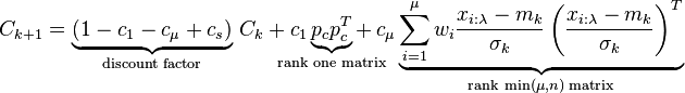  C_{k+1} = \underbrace{(1 - c_1 - c_\mu + c_s)}_{\!\!\!\!\!\text{discount factor}\!\!\!\!\!} \, C_k + c_1 \underbrace{p_c p_c^T}_{ \!\!\!\!\!\!\!\!\!\!\!\!\!\!\!\! \text{rank one matrix} \!\!\!\!\!\!\!\!\!\!\!\!\!\!\!\!} + \,c_\mu \underbrace{\sum_{i=1}^\mu w_i \frac{x_{i:\lambda} - m_k}{\sigma_k} \left( \frac{x_{i:\lambda} - m_k}{\sigma_k} \right)^T}_{ \text{rank} \;\min(\mu,n)\; \text{matrix}} 