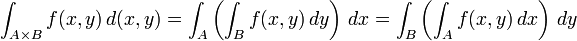 \int_{A\times B} f(x,y)\,d(x,y)=\int_A\left(\int_B f(x,y)\,dy\right)\,dx=\int_B\left(\int_A f(x,y)\,dx\right)\,dy