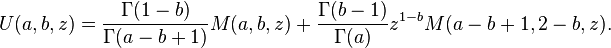 
U(a,b,z)=\frac{\Gamma(1-b)}{\Gamma(a-b+1)}M(a,b,z)+\frac{\Gamma(b-1)}{\Gamma(a)}z^{1-b}M(a-b+1,2-b,z).