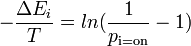 -\frac{\Delta E_i}{T} = ln(\frac{1}{p_\text{i=on}} - 1)