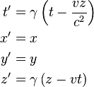 \begin{align} t' &= \gamma \left( t -  \frac{vz}{c^2} \right)  \\  x' &= x \\  y' &= y \\ z' &= \gamma \left( z - v t \right)\\ \end{align}