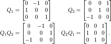 \begin{align}
Q_1 &{}= \begin{bmatrix}0 & -1 & 0 \\ 1 & 0 & 0 \\ 0 & 0 & 1\end{bmatrix} &
Q_2 &{}= \begin{bmatrix}0 & 0 & 1 \\ 0 & 1 & 0 \\ -1 & 0 & 0\end{bmatrix} \\
Q_1 Q_2 &{}= \begin{bmatrix}0 & -1 & 0 \\ 0 & 0 & 1 \\ -1 & 0 & 0\end{bmatrix} &
Q_2 Q_1 &{}= \begin{bmatrix}0 & 0 & 1 \\ 1 & 0 & 0 \\ 0 & 1 & 0\end{bmatrix}.
\end{align}