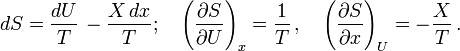 dS = \frac{dU}{T} \, - \frac{X \, dx}{T} ; \quad \left ( \frac{\partial S}{\partial U} \right )_x = \frac{1}{T} \, , \quad \left ( \frac{\partial S}{\partial x} \right )_U = - \frac{X}{T} \, .