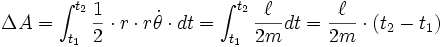 \Delta A=\int_{t_1}^{t_2}\frac{1}{2}\cdot r\cdot r\dot \theta\cdot dt=\int_{t_1}^{t_2}\frac{\ell}{2m}dt=\frac{\ell}{2m}\cdot(t_2-t_1) \,\!