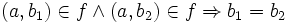 (a,b_1) \in f \and (a,b_2) \in f \Rightarrow b_1 = b_2