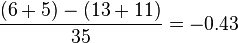 {
\frac {
(6+5) - (13+11)}
{
35}
}
0,43