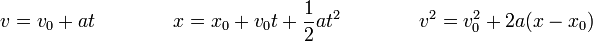 
v=v_0+at \qquad  \qquad 
x=x_0+v_0t+\frac{1}{2}at^2  \qquad  \qquad 
v^2=v_0^2+2a(x-x_0)
