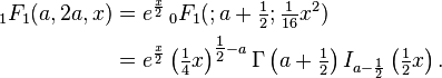 \begin{align}\, _1F_1(a,2a,x)&= e^{\frac x 2}\, _0F_1 (; a+\tfrac{1}{2}; \tfrac{1}{16}x^2) \\
&= e^{\frac x 2} \left(\tfrac{1}{4}x\right)^{\tfrac{1}{2}-a} \Gamma\left(a+\tfrac{1}{2}\right) I_{a-\frac 1 2}\left(\tfrac{1}{2}x\right).\end{align}