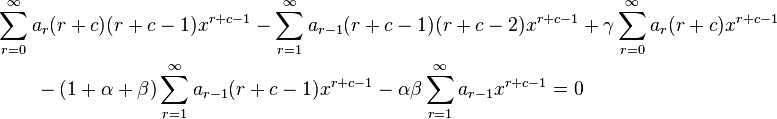 \begin{align} &\sum_{r = 0}^\infty a_r(r + c)(r + c - 1)x^{r + c - 1} -\sum_{r = 1}^\infty a_{r - 1}(r + c - 1)(r + c - 2) x^{r + c - 1} +\gamma \sum_{r = 0}^\infty a_r(r + c) x^{r + c - 1} \\ &\qquad -(1 + \alpha + \beta) \sum_{r = 1}^\infty a_{r - 1}(r + c - 1) x^{r + c - 1}-\alpha \beta \sum_{r = 1}^\infty a_{r - 1} x^{r + c - 1} =0
\end{align}