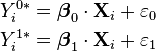     \begin{align}    Y_i^{0\ast} &= \boldsymbol\beta_0 \cdot \mathbf{X}_i + \varepsilon_0 \, \\    Y_i^{1\ast} &= \boldsymbol\beta_1 \cdot \mathbf{X}_i + \varepsilon_1 \,    \end{align}    