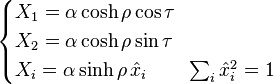 \begin {
kazoj}
X_1=\alpha\cosh\rho \kos \taŭ\ X_2=\alpha\cosh \rho\sin \taŭ\ X_i=\alpha \sinh \rho '\' 