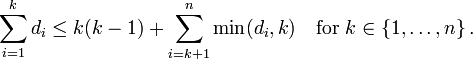 \sum_{i=1}^{k}d_i \leq k(k-1) + \sum_{i=k+1}^n \min(d_i,k) \quad \text{for } k \in \{1,\dots,n\} \, .