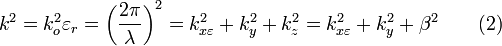 k^ {
2}
= k_ {
o}
^ {
2}
\varepsilon _ {
r}
\left (\frac {
2\pi}
{
\lambda}
\right)^ {
2}
= k_ {
ks\varepsilon}
^ {
2}
+k_ {
y}
^ {
2}
+k_ {
z}
^ {
2}
= k_ {
ks\varepsilon}
^ {
2}
+k_ {
y}
^ {
2}
+\beta^ {
2}
'\' 