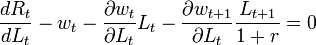 \frac{dR_t}{d L_t}-w_t-\frac{\partial w_t}{\partial L_t}L_t-\frac{\partial w_{t+1}}{\partial L_t}\frac{L_{t+1}}{1+r}=0\,\!