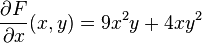 \frac{\partial F}{\partial x}(x, y) =  9x^2y + 4xy^2 