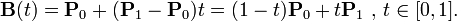 \mathbf{B}(t)=\mathbf{P}_0 + (\mathbf{P}_1-\mathbf{P}_0)t=(1-t)\mathbf{P}_0 + t\mathbf{P}_1 \mbox{ , } t \in [0,1].