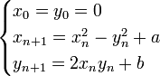 <br /><br /><br /><br /> begin{cases}<br /><br /><br /><br /> x_0 = y_0 = 0\<br /><br /><br /><br /> x_{n+1} = x_n^2-y_n^2+a\<br /><br /><br /><br /> y_{n+1} = 2x_ny_n+b<br /><br /><br /><br /> end{cases}<br /><br /><br /><br /> 