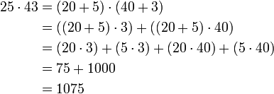 
\begin{align}
25 \cdot 43 & = (20 + 5) \cdot (40 + 3)\\
            & = ((20 + 5) \cdot 3) + ((20 + 5) \cdot 40)\\
            & = (20 \cdot 3) + (5 \cdot 3) + (20 \cdot 40) + (5 \cdot 40) \\
            & = 75 + 1000 \\
            & = 1075
\end{align}
