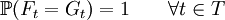  mathbb{P} ( F_t = G_t) =1 qquad forall t in T