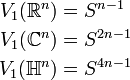 \begin{align}
V_1(\mathbb R^n) &= S^{n-1}\\
V_1(\mathbb C^n) &= S^{2n-1}\\
V_1(\mathbb H^n) &= S^{4n-1}
\end{align}