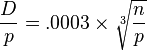 {
D \over p}
=.
0003\times {
{
\sqrt [{
3}
]
{
n \over p}
}
}