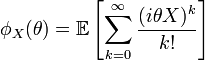 phi_X(theta) = mathbb Eleft[sum_{k=0}^infty {(i theta X)^k over {k !}}right]