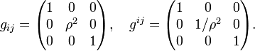 g_{ij}=\begin{pmatrix}
1 & 0 & 0\\ 0 & \rho^2 & 0\\ 0 & 0 & 1
\end{pmatrix},\quad
g^{ij}=\begin{pmatrix}
1 & 0 & 0\\ 0 & 1/\rho^2 & 0\\ 0 & 0 & 1
\end{pmatrix}.