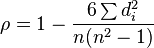  \rho = 1- {\frac {6 \sum d_i^2}{n(n^2 - 1)}}