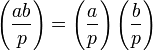 \left(\frac{ab}p\right)=\left(\frac ap\right)\left(\frac bp\right)