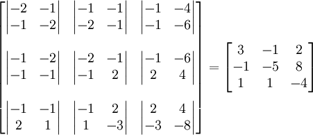 
\begin{bmatrix}
\begin{vmatrix} -2 & -1 \\ -1 & -2 \end{vmatrix} & 
\begin{vmatrix} -1 & -1 \\ -2 & -1 \end{vmatrix} & 
\begin{vmatrix} -1 & -4 \\ -1 & -6 \end{vmatrix} \\ \\
\begin{vmatrix} -1 & -2 \\ -1 & -1 \end{vmatrix} &
\begin{vmatrix} -2 & -1 \\ -1 & 2 \end{vmatrix} &
\begin{vmatrix} -1 & -6 \\ 2 & 4 \end{vmatrix} \\ \\
\begin{vmatrix} -1 & -1 \\ 2 & 1 \end{vmatrix} &
\begin{vmatrix} -1 & 2 \\ 1 & -3 \end{vmatrix} &
\begin{vmatrix} 2 & 4 \\ -3 & -8 \end{vmatrix}
\end{bmatrix}
=
\begin{bmatrix}
3 & -1 & 2 \\
-1 & -5 & 8 \\
1 & 1 & -4
\end{bmatrix}
