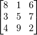 \begin{bmatrix}
8 & 1 & 6 \\
3 & 5 & 7 \\
4 & 9 & 2 \\
\end{bmatrix}