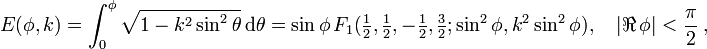 
E(\phi, k) = \int_0^\phi \sqrt{1 - k^2 \sin^2 \theta} \,\mathrm{d} \theta = \sin \phi \,F_1(\tfrac 1 2, \tfrac 1 2, -\tfrac 1 2, \tfrac 3 2; \sin^2 \phi, k^2 \sin^2 \phi), \quad |\real \,\phi| < \frac \pi 2 ~,
