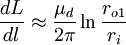 \frac{dL}{dl} \approx \frac{\mu_d}{2 \pi} \ln\frac{r_{o1}}{r_i}