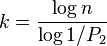 k={log n over log 1/P_2}