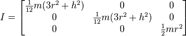 
I =
\begin{bmatrix}
  \frac{1}{12} m (3r^2+h^2) & 0 & 0 \\
  0 & \frac{1}{12} m (3r^2+h^2) & 0 \\
  0 & 0 & \frac{1}{2} m r^2\end{bmatrix}
