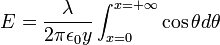 E=\frac {\lambda }{2\pi {\epsilon}_0 y}\int_{x=0}^{x=+\infty} \cos \theta  d \theta