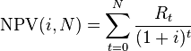 \mathrm{NPV}(i, N) = \sum_{t=0}^{N} \frac{R_t}{(1+i)^{t}}