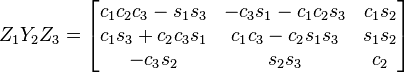 Z_1 Y_2 Z_3 = \begin{bmatrix}
<pre>c_1 c_2 c_3 - s_1 s_3 &  - c_3 s_1 - c_1 c_2 s_3 & c_1 s_2 \\
c_1 s_3 + c_2 c_3 s_1 & c_1 c_3 - c_2 s_1 s_3 & s_1 s_2 \\
- c_3 s_2 & s_2 s_3 & c_2 
</pre>
\end{bmatrix}