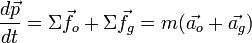 \frac {
d\vec {
p}
}
{
dt}
\Sigma\vec {
f_o}
+\Sigma\vec {
f_g}
= m (\vec {
a_o}
+\vec {
a_g}
)