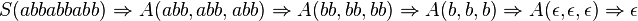 S (ababab) \Rightarow A (ab, ab, ab) \Rightarow A (b, b, b) \Rightarow A (b, b, b) \Rightarow A (\epsilon, \epsilon, \epsilon) \Rightarow \epsilon