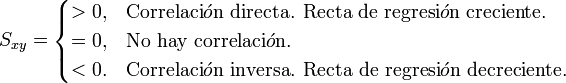 S_{xy} = \begin{cases} > 0, & \mbox{Correlaci}\acute{o}\mbox{n directa. Recta de regresi}\acute{o}\mbox{n creciente.} \ = 0, & \mbox{No hay correlaci}\acute{o}\mbox{n.} \ < 0. & \mbox{Correlaci}\acute{o}\mbox{n inversa. Recta de regresi}\acute{o}\mbox{n decreciente.} \end{cases}