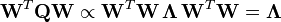 \mathbf{W}^T \mathbf{Q} \mathbf{W} \propto \mathbf{W}^T \mathbf{W} \, \mathbf{\Lambda} \, \mathbf{W}^T \mathbf{W}
=  \mathbf{\Lambda} 