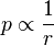 
p \propto \dfrac{1}{r} \,
