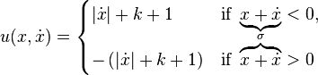 u(x,\dot{x})
=
\begin{cases} |\dot{x}| + k + 1 &\text{if } \underbrace{x + \dot{x}} < 0,\\ -\left(|\dot{x}| + k + 1\right) &\text{if } \overbrace{x + \dot{x}}^{\sigma} > 0
\end{cases}