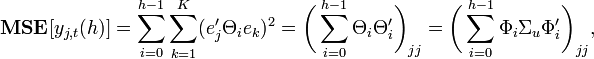 \matbf {
MSE}
[i_ {
j, t}
(\sum_ {]
i 0}
^ {
h}
\sum_ {
k 1}
^ {
K}
(e_j'\Theta_ie_k) ^2=\bigg (\sum_ {
i 0}
^ {
h}
\Theta_i\Theta_i'\big) _ {
j}
\bigg (\sum_ {
i 0}
^ {
h}
\Phi_i\Sigma_u\Phi_i'\big) _ {
j}
,