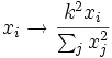 x_i\rightarrow \frac{k^2 x_i}{\sum_j x_j^2}