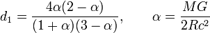 d_1 = \frac{4 \alpha(2 - \alpha)}{(1 + \alpha)(3- \alpha)}, \qquad \alpha=\frac{MG}{2Rc^2}