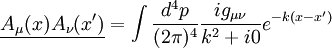 \underline{A_\mu(x)A_\nu(x')}=\int{d^4p\over(2\pi)^4}{ig_{\mu\nu}\over k^2+i0}e^{-k(x-x')}